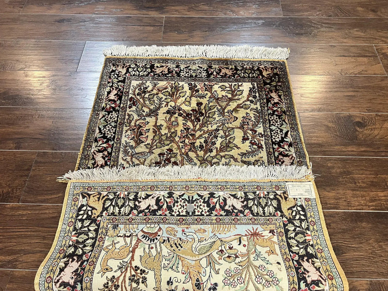 Silk Tree of Life Persian Qum Rug 3x4, Hand Knotted Vintage Carpet, Cream & Black, Very Fine Oriental Rug, Animal Pictorials, Birds by Jewel Rugs
