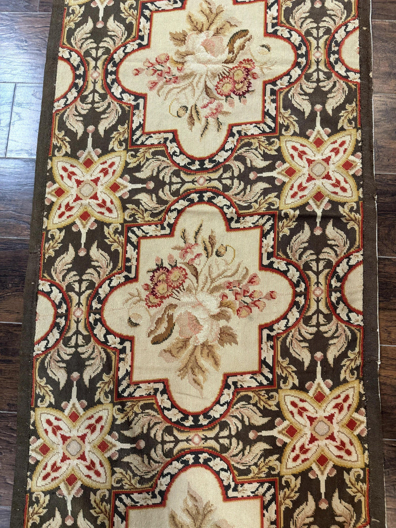 Needlepoint Runner Rug 2.7 x 9.7, European French Design, Wool, Handmade, Vintage by Jewel Rugs