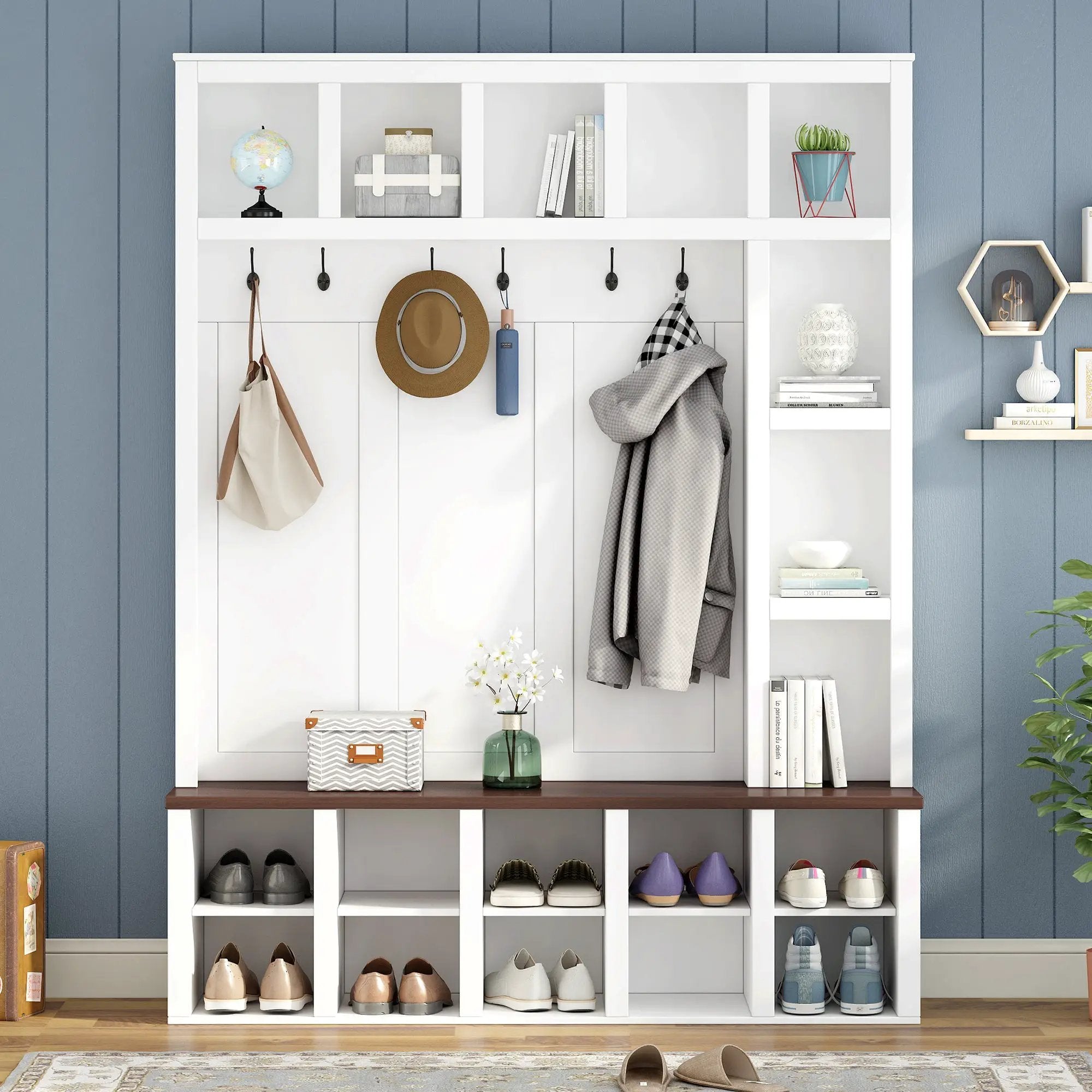 Farmhouse Wooden Hall Tree with 6 Hooks by HouseOfZazla