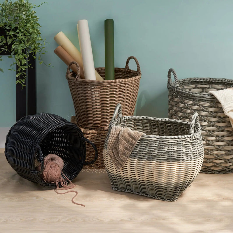 Round Cone Woven Resin Wicker Basket With Handles For Versatile Storage - Walnut Brown by HouseOfZazla