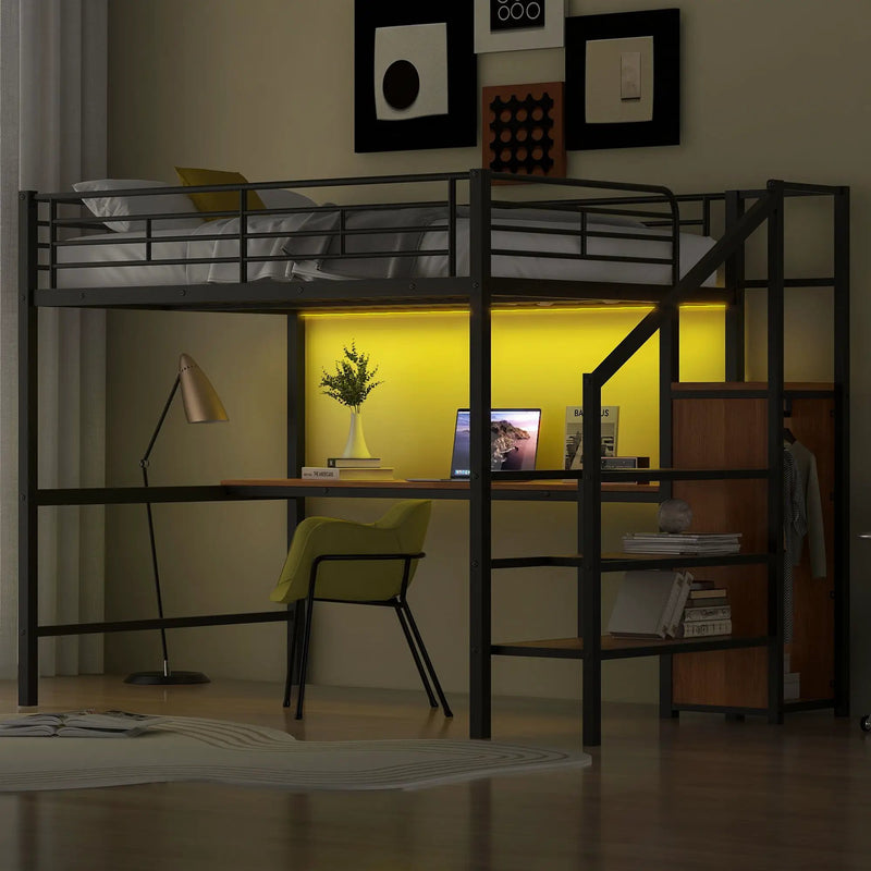 Loft Bed With Desk, Storage Staircase, Small Wardrobe And LED Light by Unique Piece Furniture