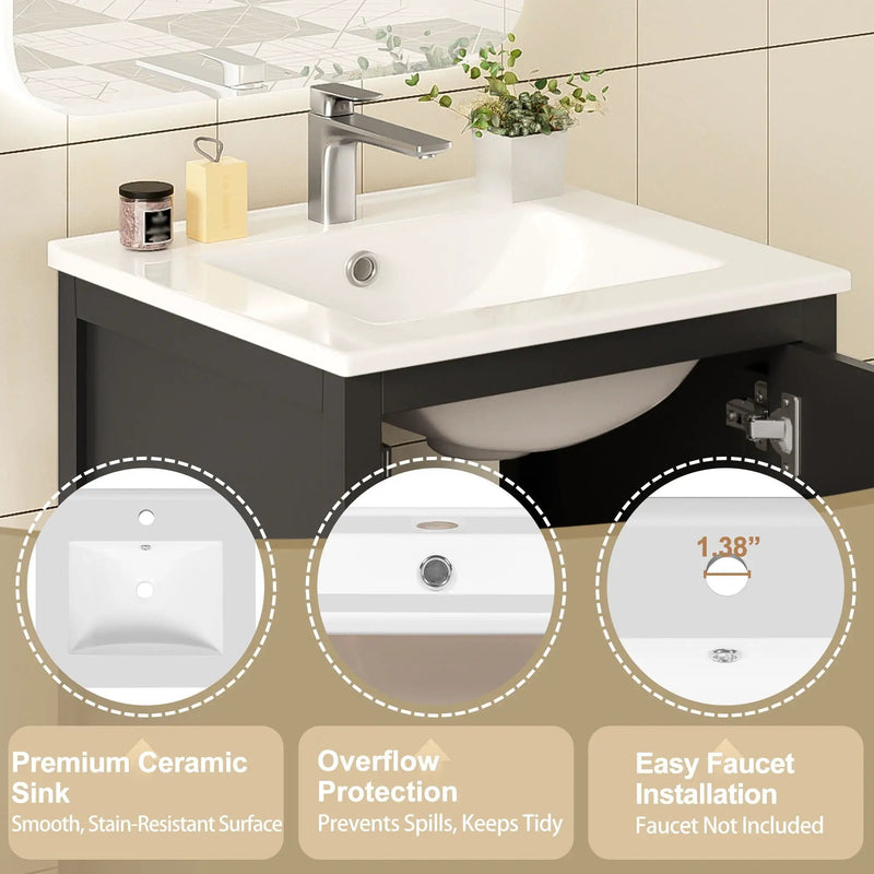 Bathroom Vanity With Ceramic Sink, Soft Close Drawers, Door Organizer, Divider Drawer, Adjustable Foot Pads by HouseOfZazla