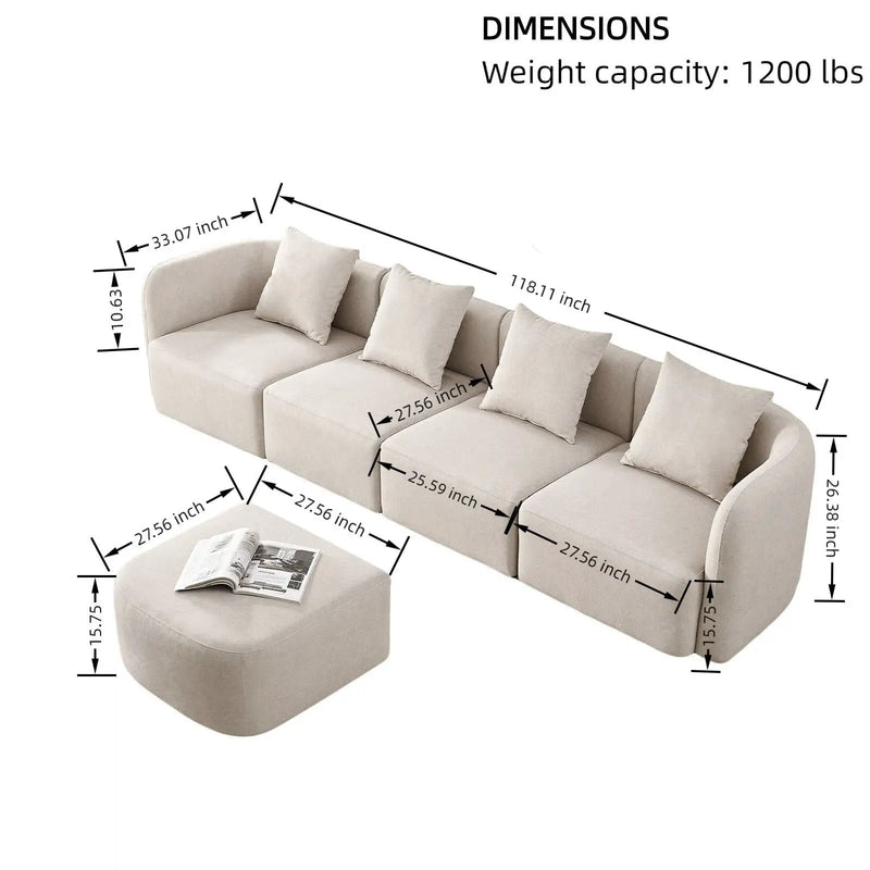 L-Shaped Modular Sectional Sofa With Ottoman, Living Room Furniture Set - Beige by HouseOfZazla