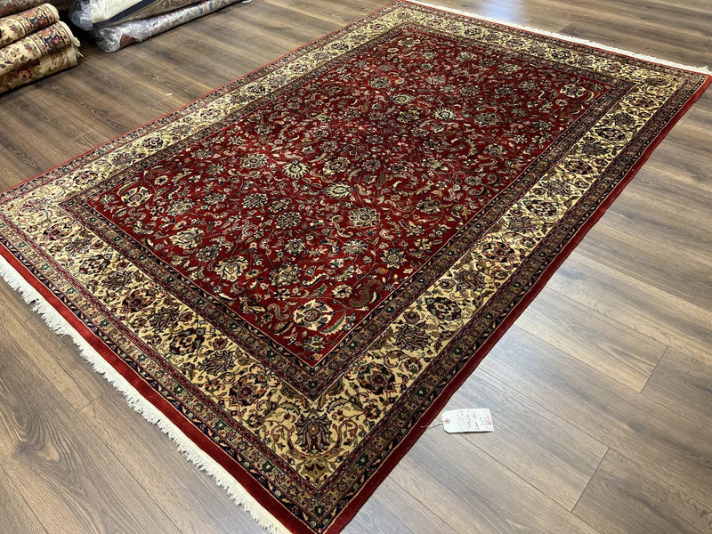 Vintage Indo Persian Rug 6x9, Very Finely Hand-Knotted Carpet 6 x 9 Red Cream Indian Oriental Carpet, Traditional Floral Wool Area Rug 1970s by Jewel Rugs