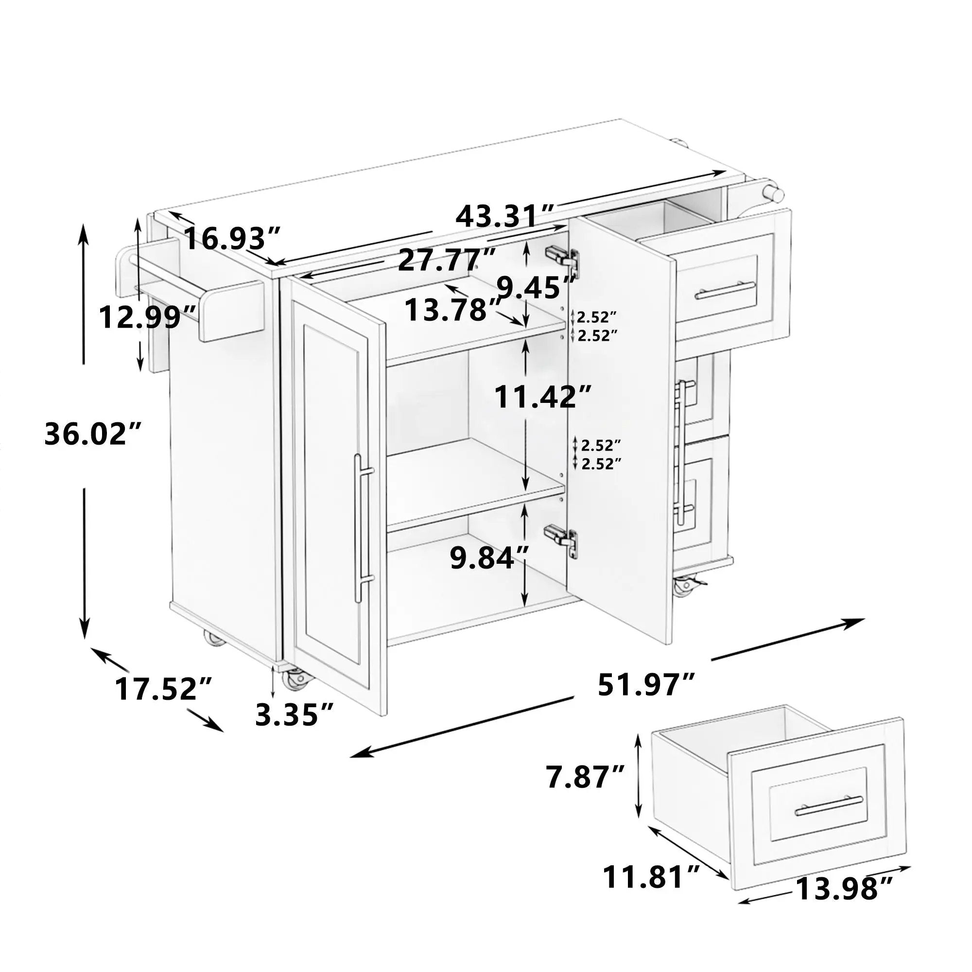 Kitchen Island Cart With 2 Door Cabinet, 3 Drawers, Spice Rack & Towel Rack - White by HouseOfZazla
