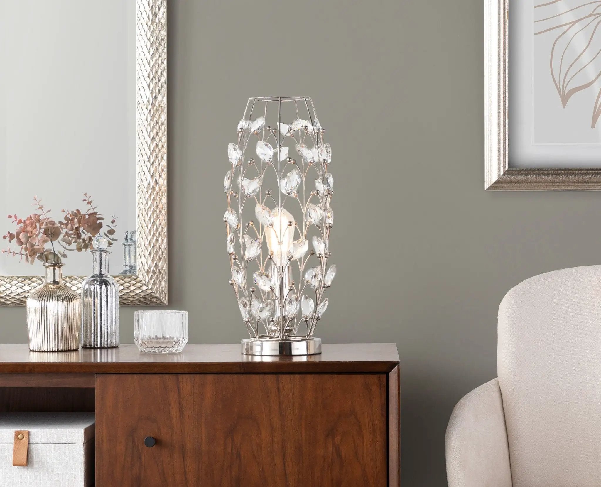 Crystal - Buds Contemporary Uplight Lamp - Polished Nickel / Clear Crystal by HouseOfZazla