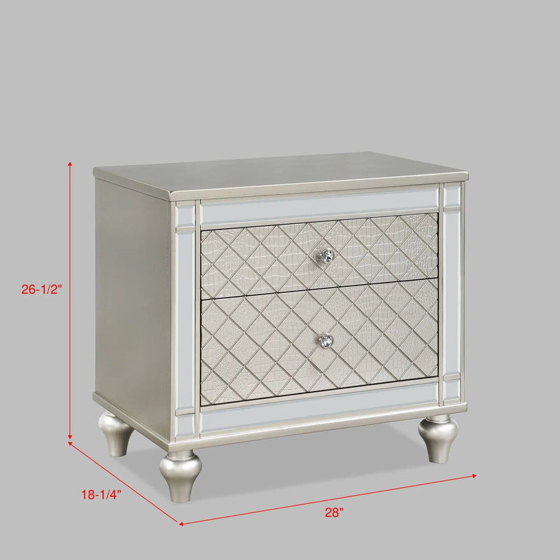 2 Drawer Nightstand With Diamond Patterned Fronts - Silver by Unique Piece Furniture