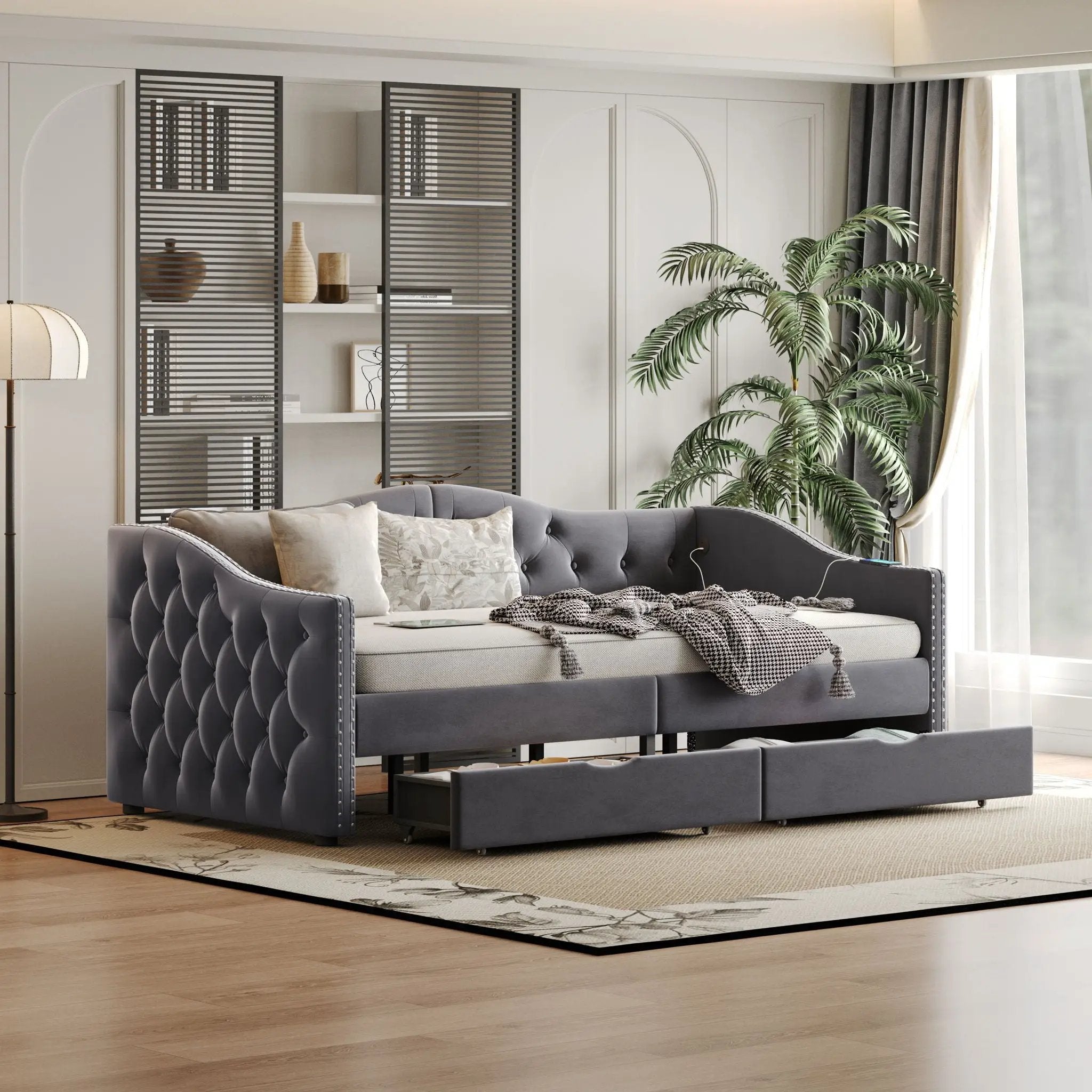 Full Size Bed Frame, Upholstered Cloud Bed Frame With Headboard, 2 Storage Drawers And 2 USB Charging Design, No Box Spring Needed - Gray by Unique Piece Furniture