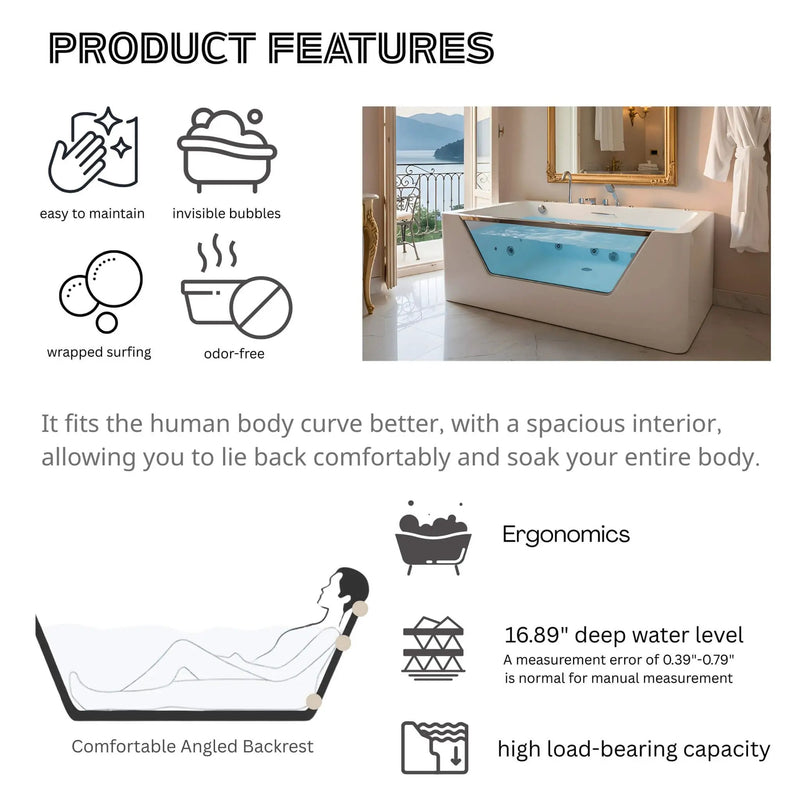 Nuvia Veloria 67-Inch 7-Jets Hydrotherapy Whirlpool Bathtub With Glass Panel (SAK25480) by SAKSBY WHOLESALE