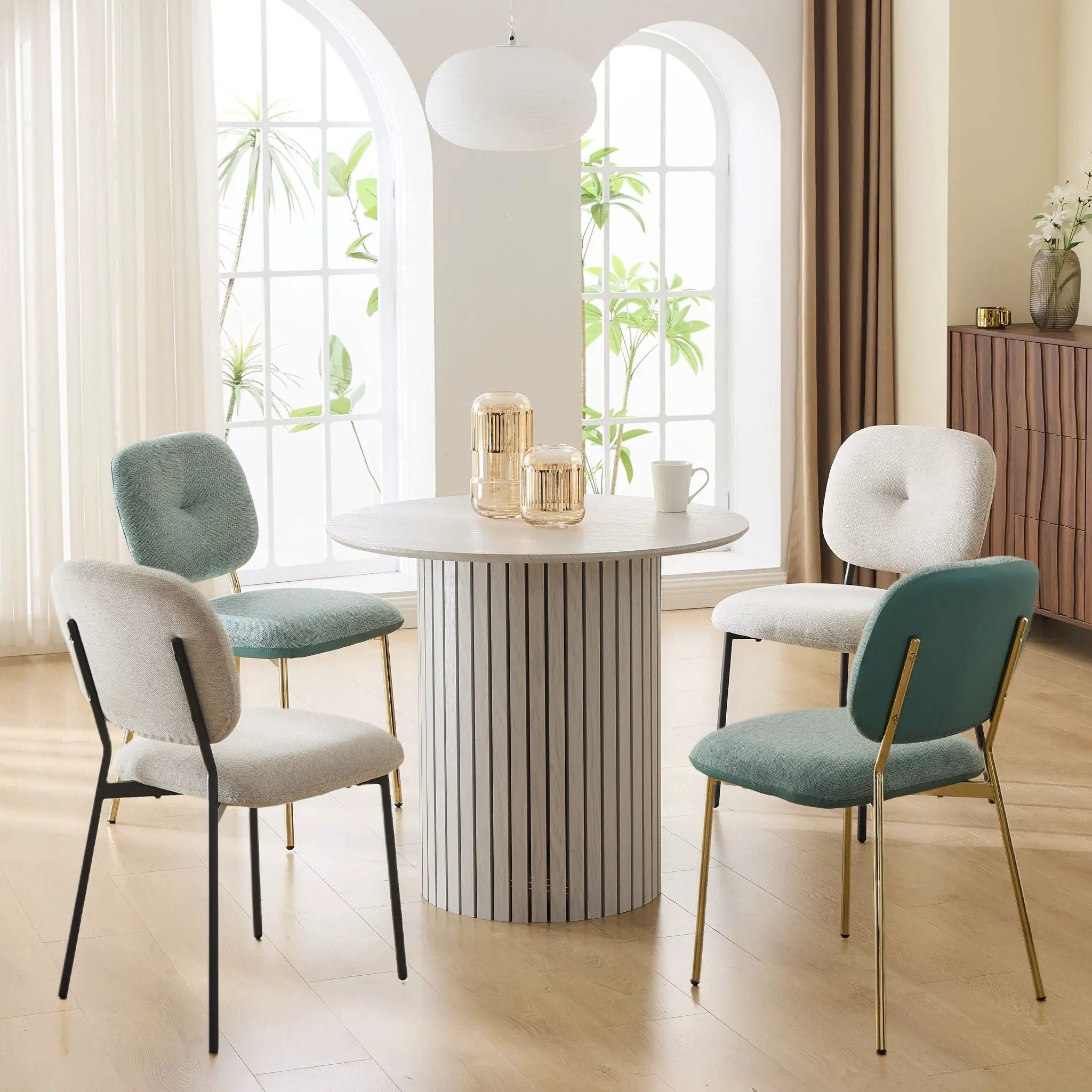 Modern 4 Person Dining Set With Bamboo & Table And Turquoise & Chairs Metal Legs, Space Saving Design - White by Unique Piece Furniture