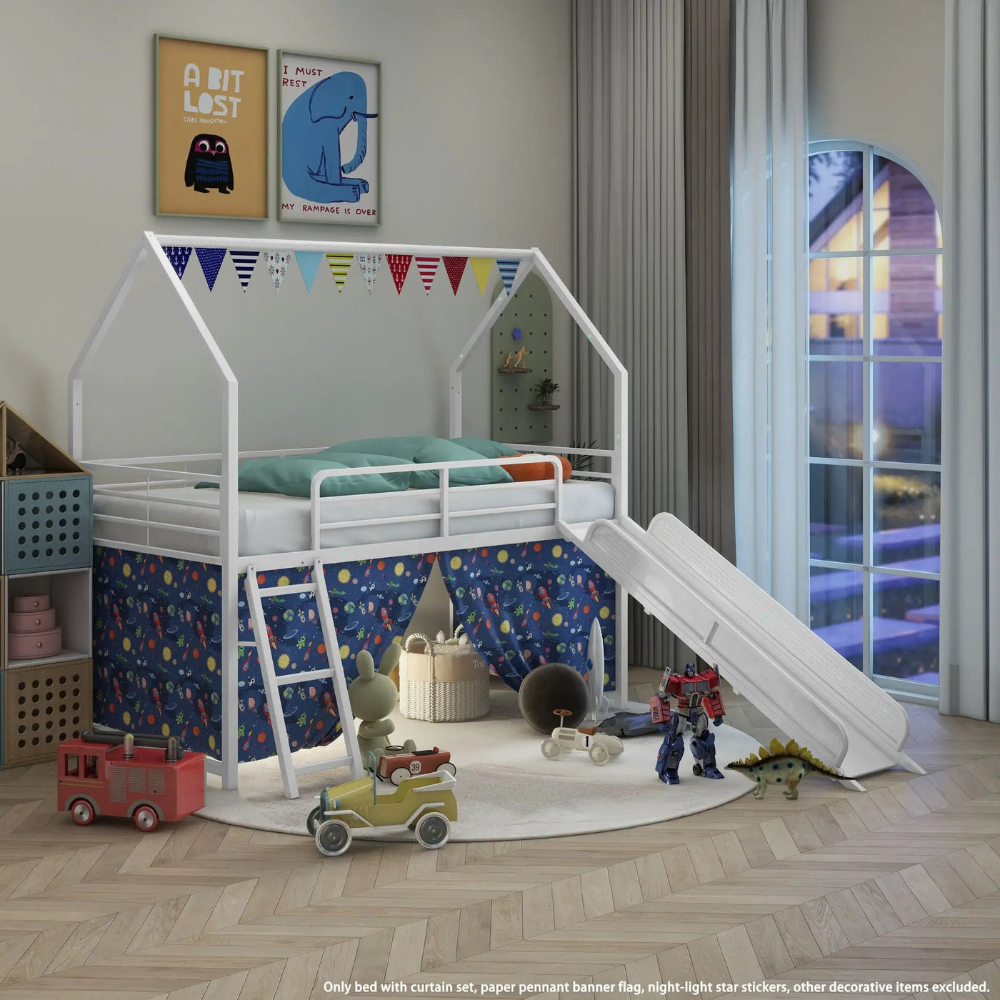 Jack - House Loft Bed With Slide And Curtain Set by HouseOfZazla