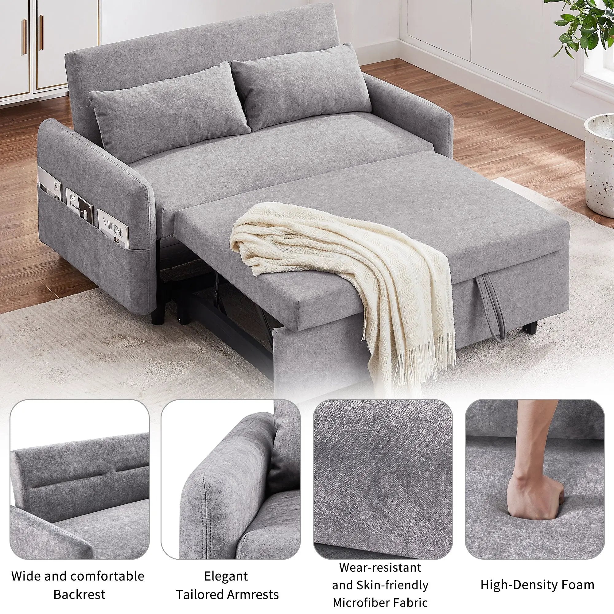 Pull Out Sleep Sofa Bed Loveseats Sofa Couch With Adjsutable Backrest, Storage Pockets, 2 Soft Pillows, USB Ports For Living Room, Bedroom, Apartment, Office by HouseOfZazla