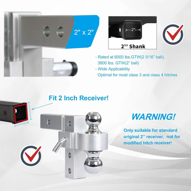 Alu - Adjustable Trailer Drop Hitch With 2" Receiver, 6" Adjustable - Silver by HouseOfZazla