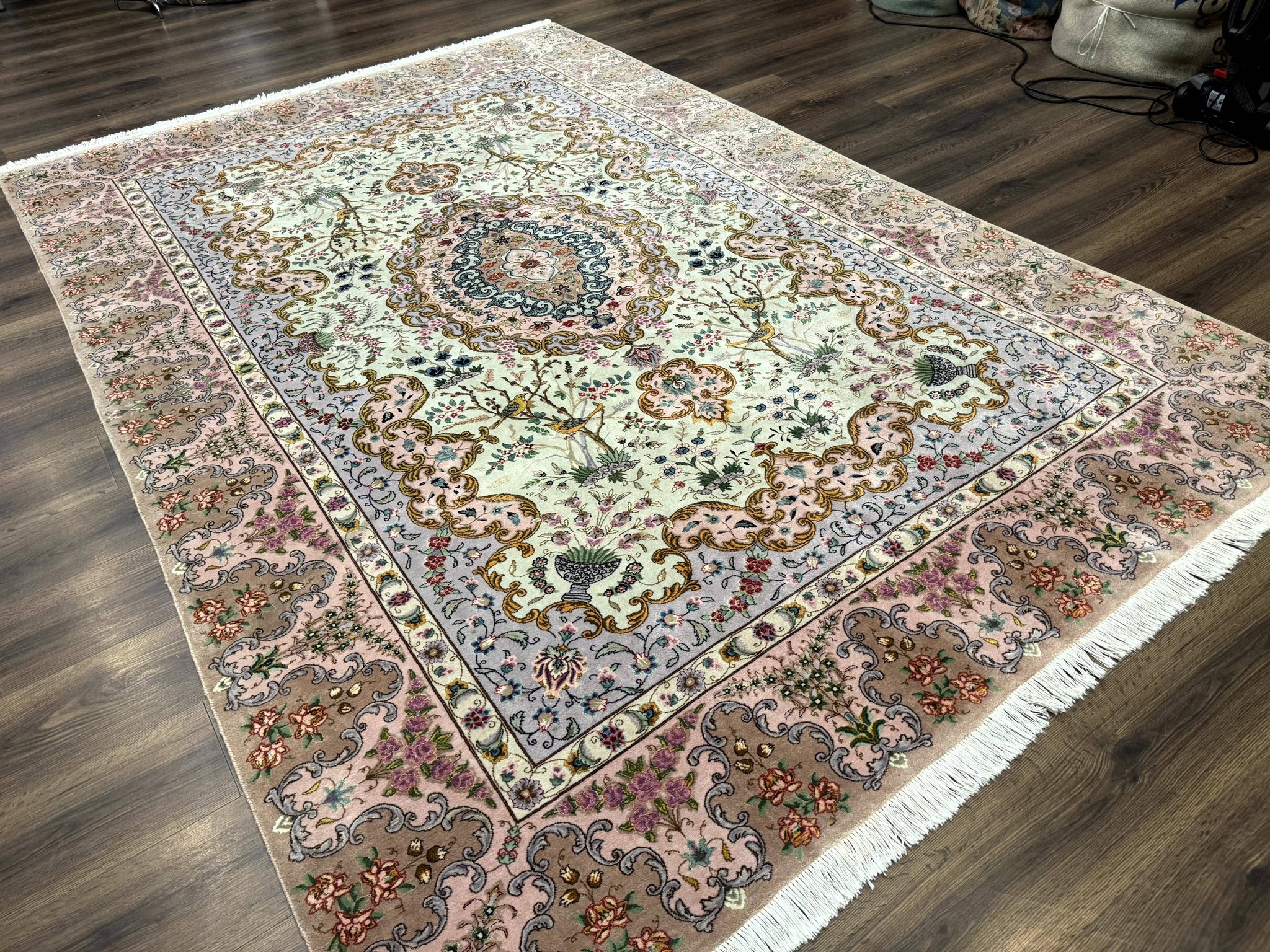 Wonderful Persian Tabriz Rug 7x10, Very Fine 330 KPSI, Light Green Light Blue Pink, Kork Wool Silk Foundation, Bird Pictorials by Jewel Rugs