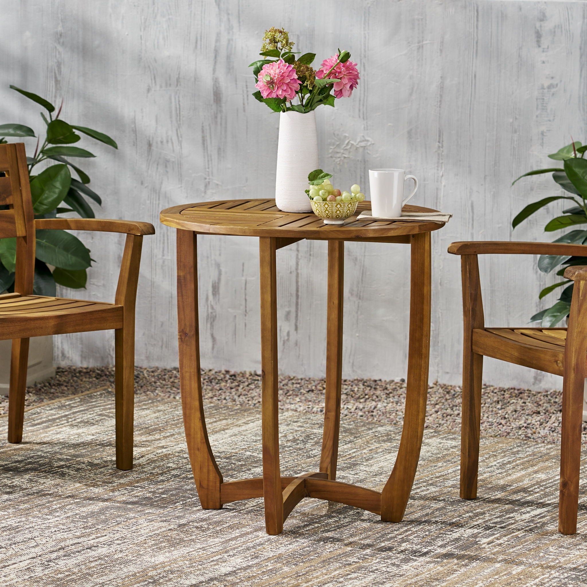 Outdoor Circular Wood Bistro Table With Curved Legs And Slat Panel Table Top - Teak by HouseOfZazla