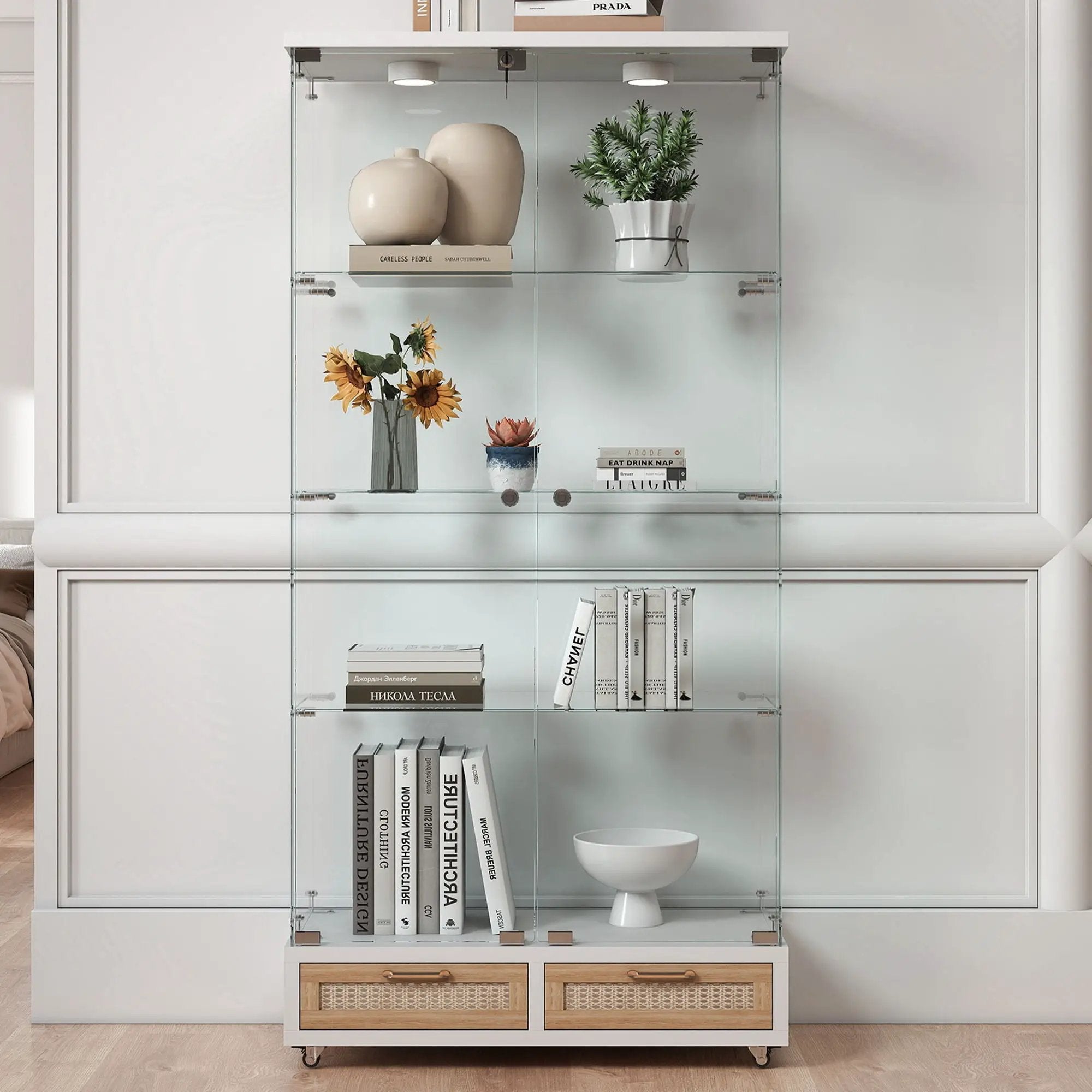 Glass Display Cabinet With LED Lights, Tempered Glass Doors, Large Drawers, 2 Door Storage Case With 4 Shelves - Natural / White by HouseOfZazla