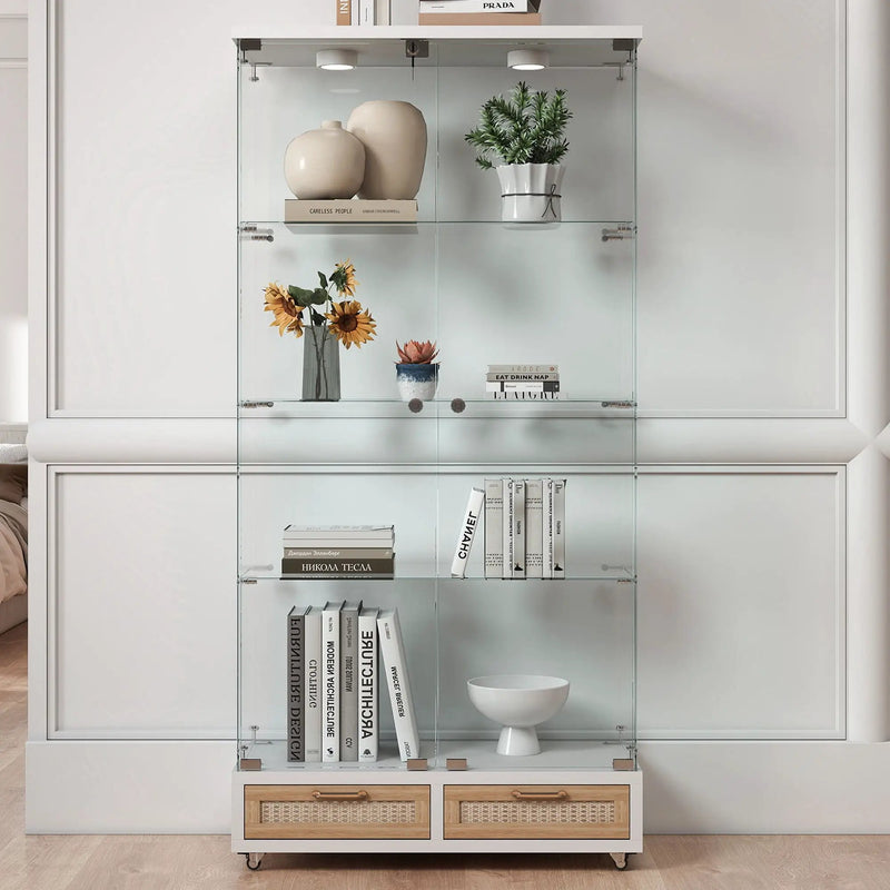 Glass Display Cabinet With LED Lights, Tempered Glass Doors, Large Drawers, 2 Door Storage Case With 4 Shelves - Natural / White by HouseOfZazla