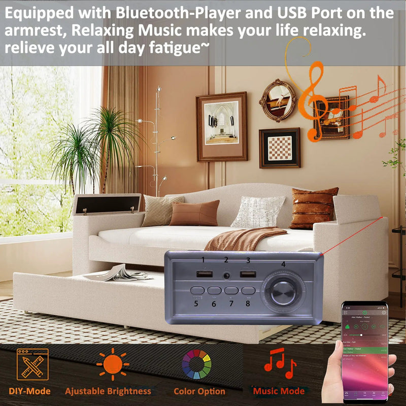 Upholstered Daybed With Storage Armrests, Trundle And Latest Integrated tooth Audio System by Unique Piece Furniture
