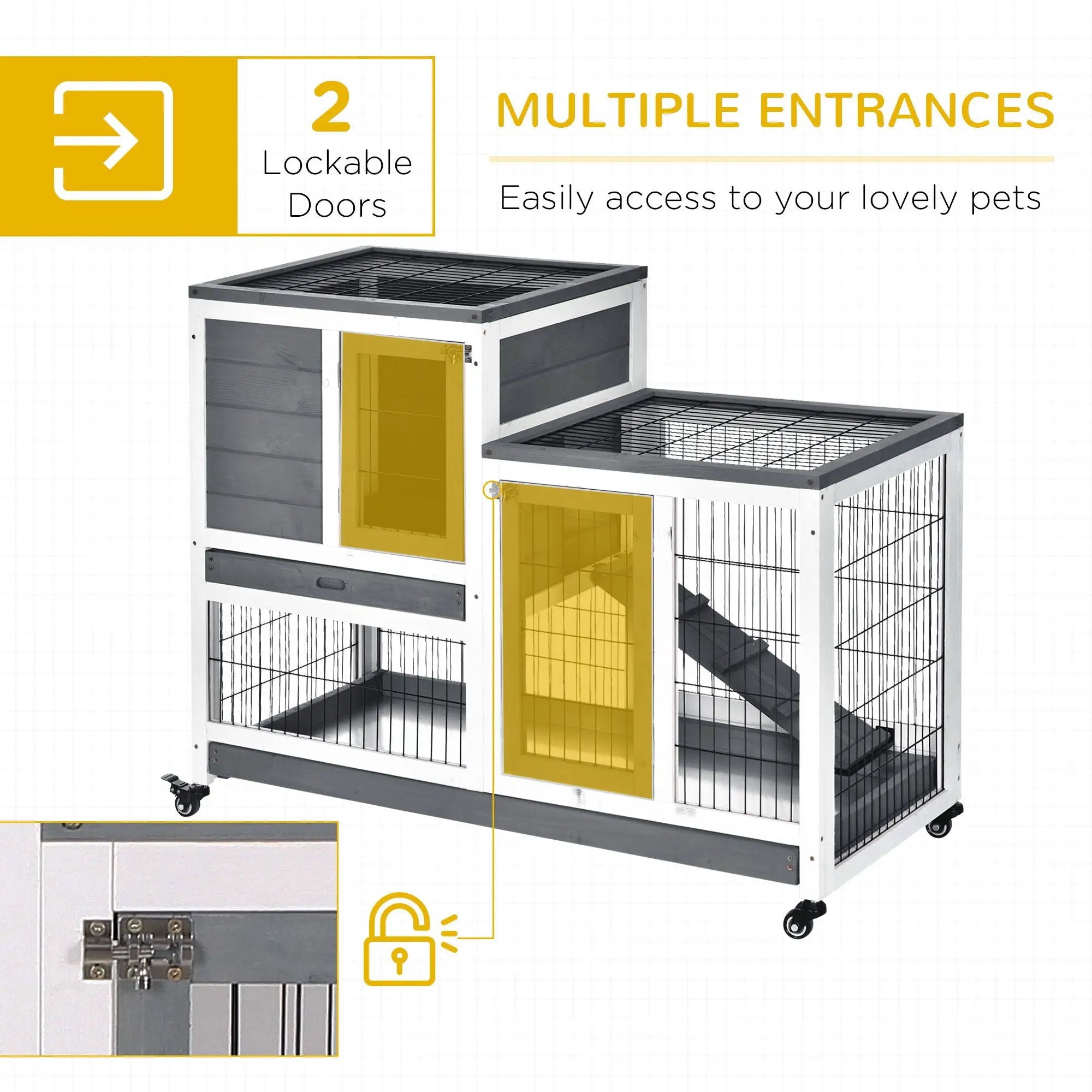 Pawhut - Wooden Rabbit Hutch Elevated Bunny Cage Indoor Small Animal Habitat With Enclosed Run With Wheels, Ramp, Removable Tray Ideal For Guinea Pigs - Gray by HouseOfZazla