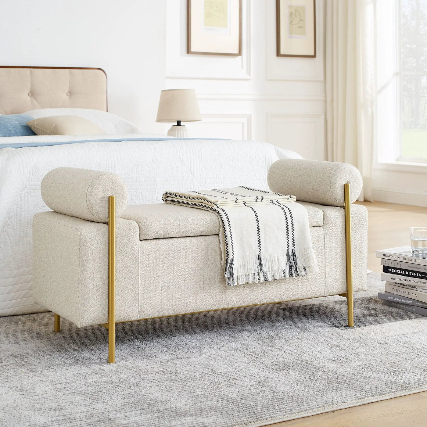 Elegant Upholstered Storage Bench With Cylindrical Arms And Iron Legs, by HouseOfZazla