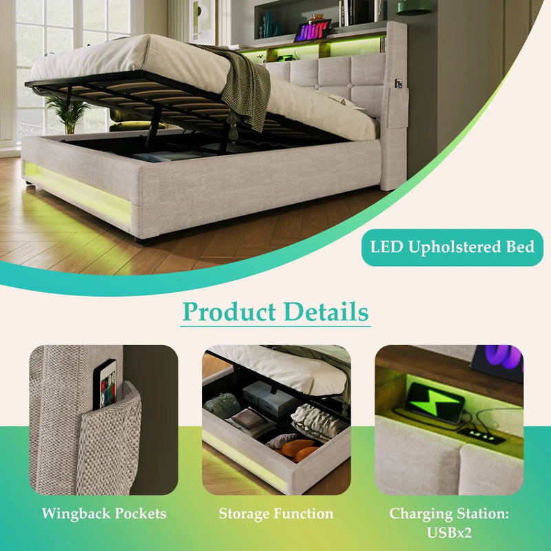 Upholstered Platform Bed With A Hydraulic Storage System, LED And USB Charging (Without Mattress) by HouseOfZazla
