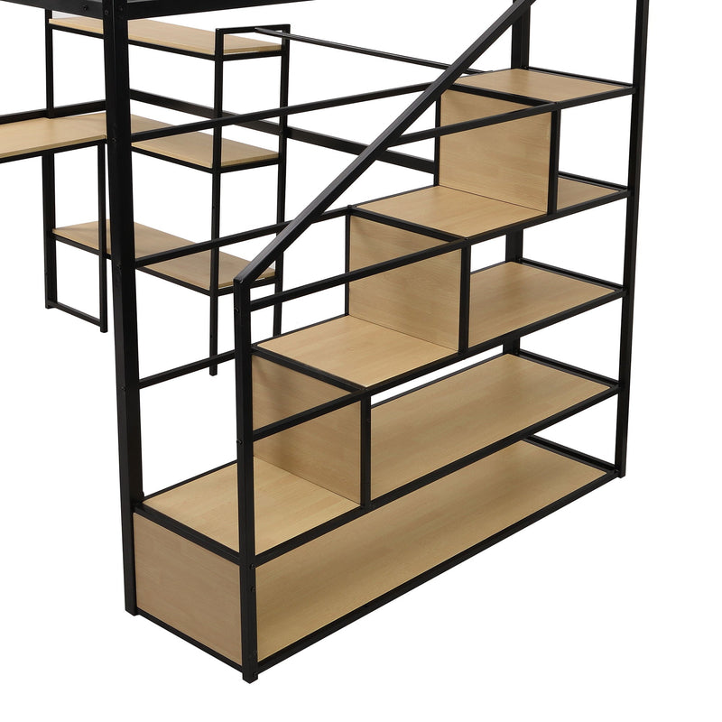 Full Size Loft Bed With Staircase, Built In Desk And Shelves And Sleeping Surface - Black