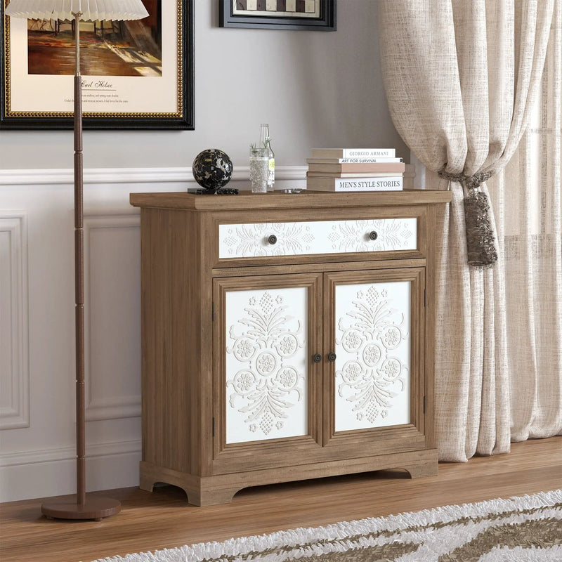 Accent Cabinet With Carved Floral Panels, Sideboard With Drawer And Double Doors - Antique Brown / White by Unique Piece Furniture