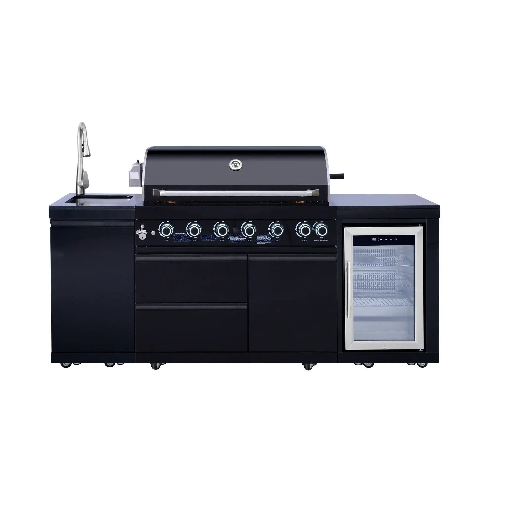 82.5" 6-Burner 83,500 BTU Black Outdoor Kitchen Island Grill Sink + Refrigerator by Chery Industrial