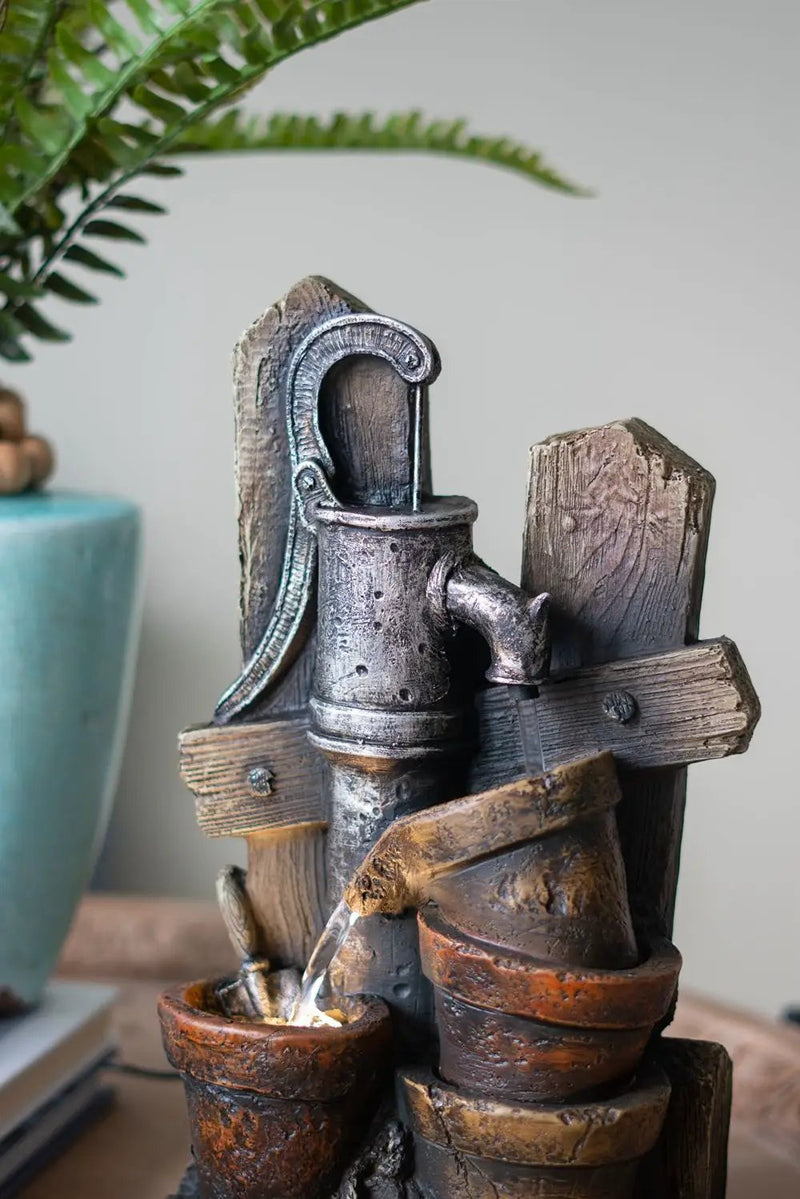 Water Fountain With Antique Water Pump Design And LED Light - Brown / Gray by HouseOfZazla