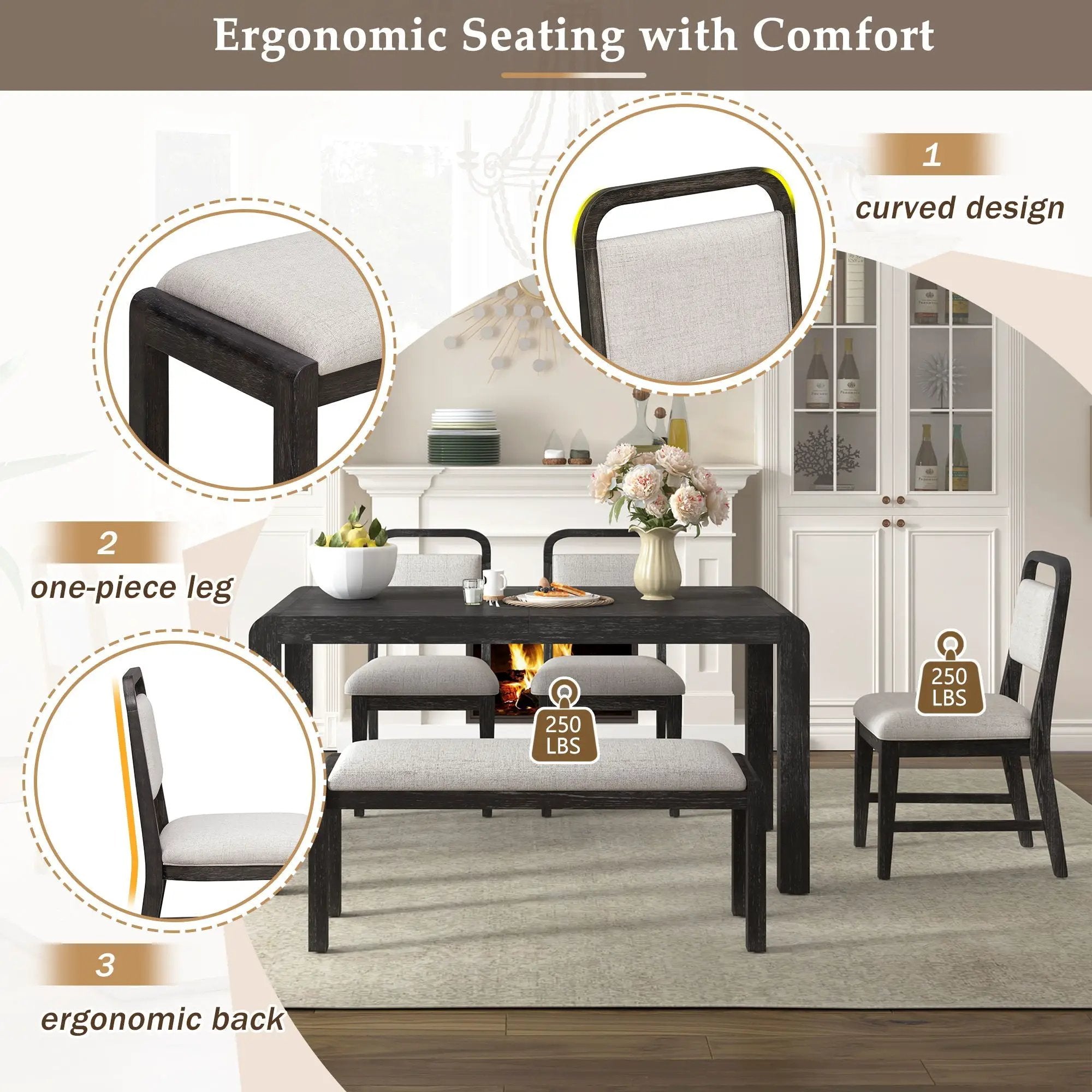 Extendable Dining Table Set With 4 Upholstered Chairs And 1 Bench