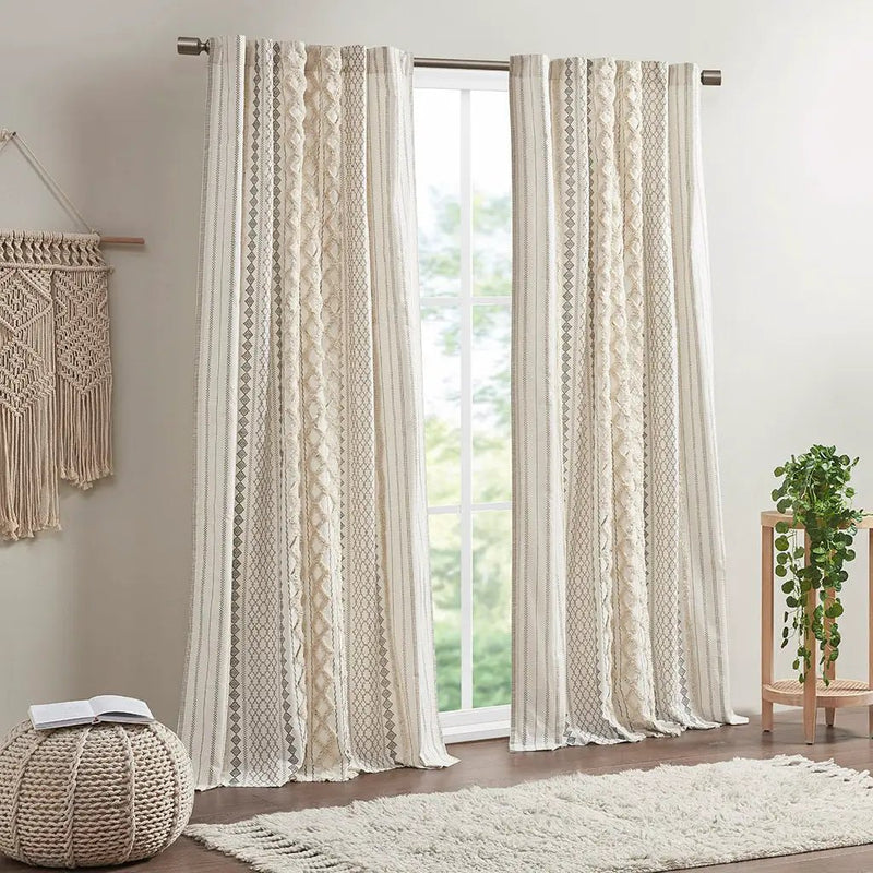Cotton Printed Curtain Panel with Chenille Stripe and Lining Ivory 50x95 by HouseOfZazla