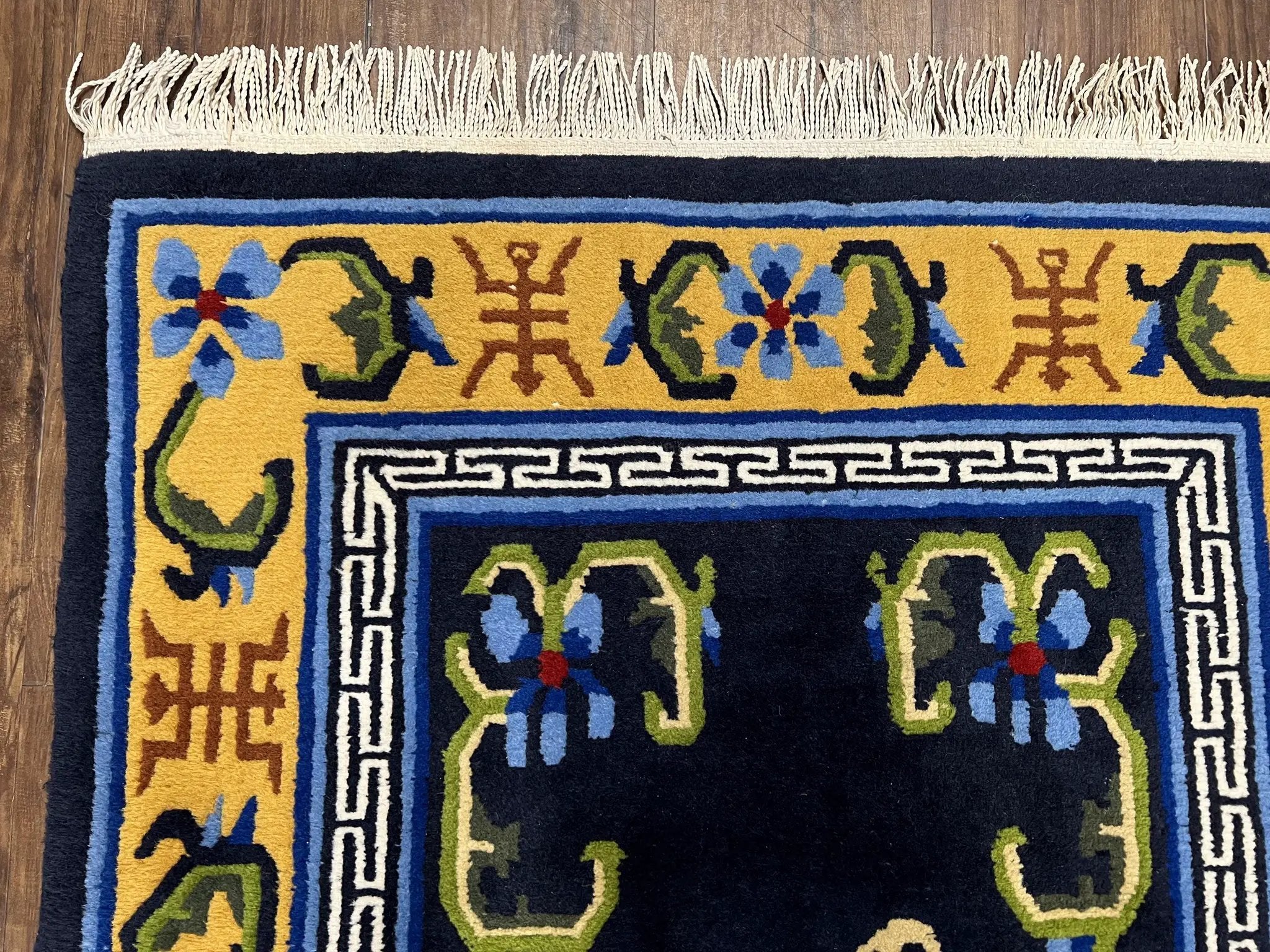 Chinese Art Deco Rug 3 x 5.9, Handmade Chinese Peking Carpet, Dark Blue and Gold, Medallion, Asian Oriental 3x6 Hand Knotted Vintage Rug by Jewel Rugs