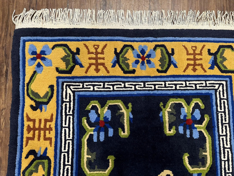 Chinese Art Deco Rug 3 x 5.9, Handmade Chinese Peking Carpet, Dark Blue and Gold, Medallion, Asian Oriental 3x6 Hand Knotted Vintage Rug by Jewel Rugs