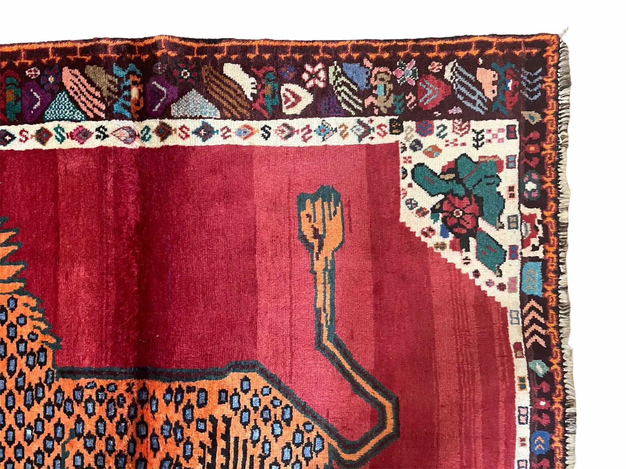 Antique Persian Gabbeh Wool Rug 4x5, Lion Pictorial Rug, Red Orange Black, Hand Knotted Handmade Vintage Gabbeh Carpet 4 x 5 ft, Tribal Rug by Jewel Rugs