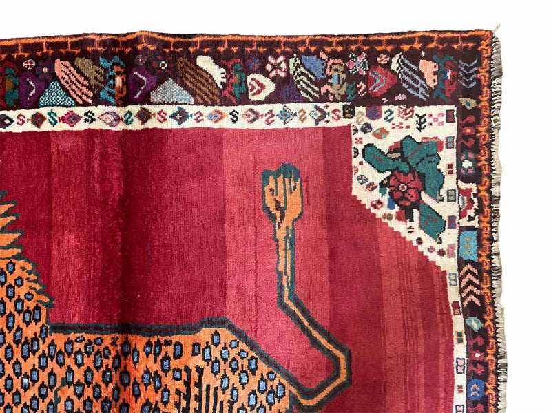 Antique Persian Gabbeh Wool Rug 4x5, Lion Pictorial Rug, Red Orange Black, Hand Knotted Handmade Vintage Gabbeh Carpet 4 x 5 ft, Tribal Rug by Jewel Rugs