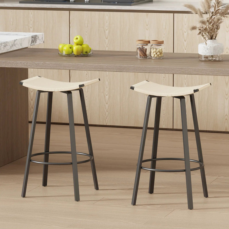 Counter Height Bar Stools Backless Handwoven Kitchen Dining Chairs With Round Footrest (Set of 2) Weaving Pub Stoo - Creamy White by Unique Piece Furniture