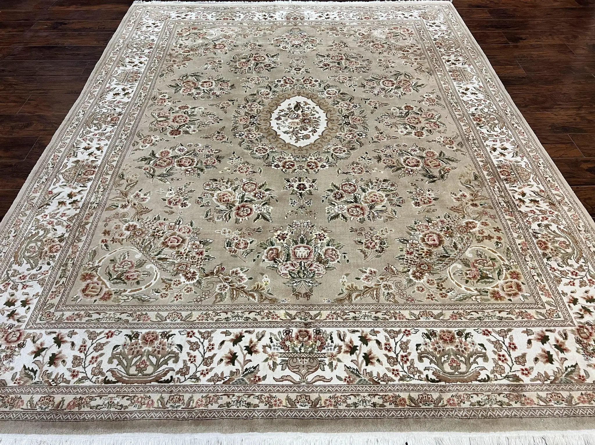 Sino Persian Rug 8x10, Soft Wool, Silk Highlights, Hand Knotted Vintage Carpet, Taupe & Ivory, Floral, Traditional Rug 8 x 10 by Jewel Rugs