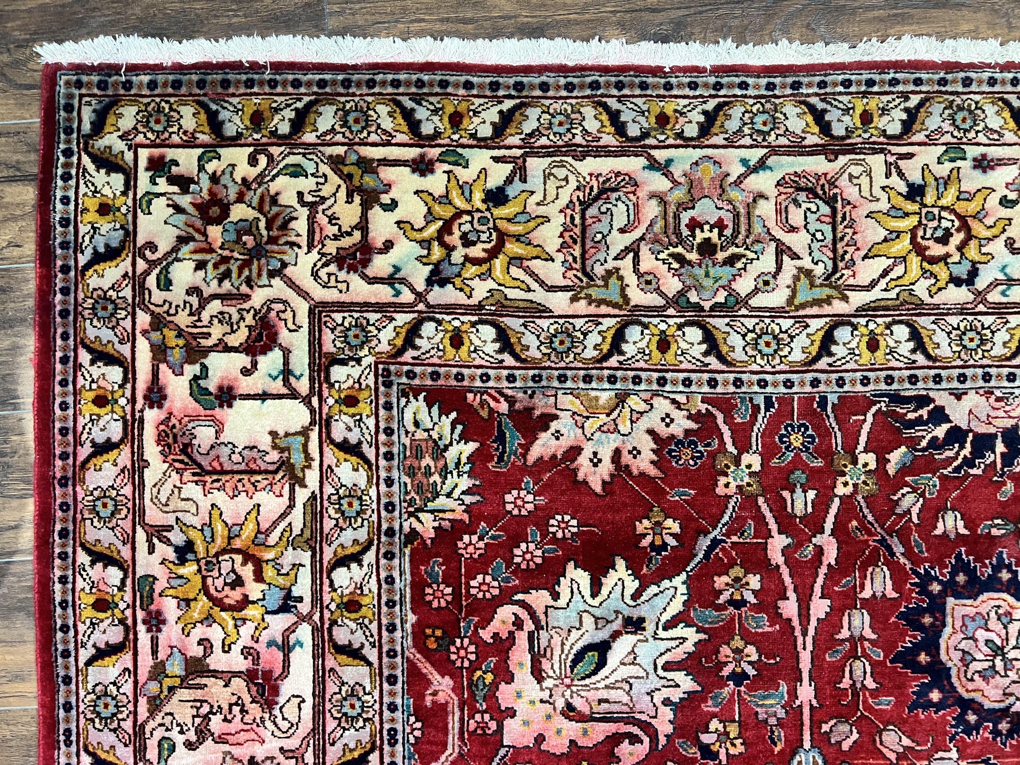 Persian Tabriz Rug 10x12, Floral Allover, Handmade Vintage Wool Carpet, Red and Cream by Jewel Rugs