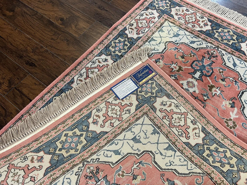 Karastan Rug 4x6 Bergama Design #737, Karastan Area Rug, Vintage Wool Karastan Carpet, Original Collection 700 Series, Salmon Red Light Blue by Jewel Rugs