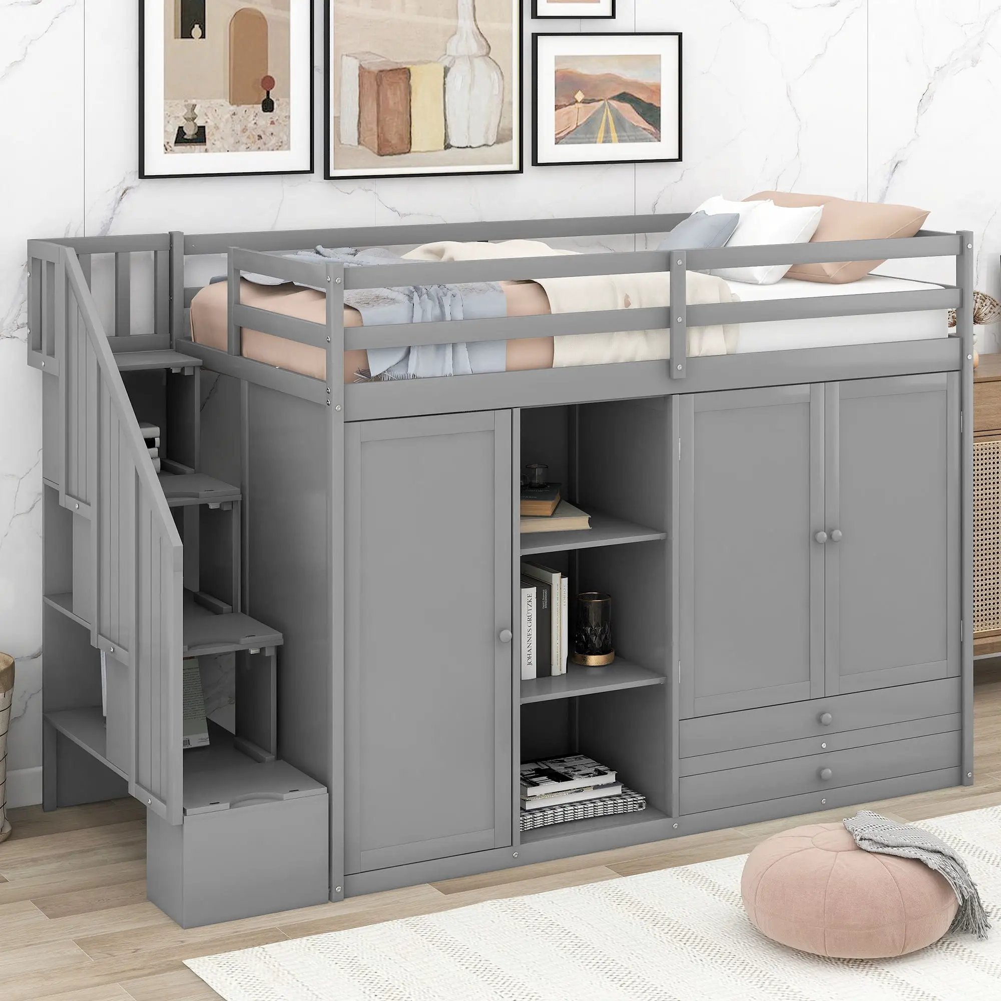 Loft Bed With 3 Shelves, 2 Wardrobes, 2 Drawers, Ladder Storage by Unique Piece Furniture
