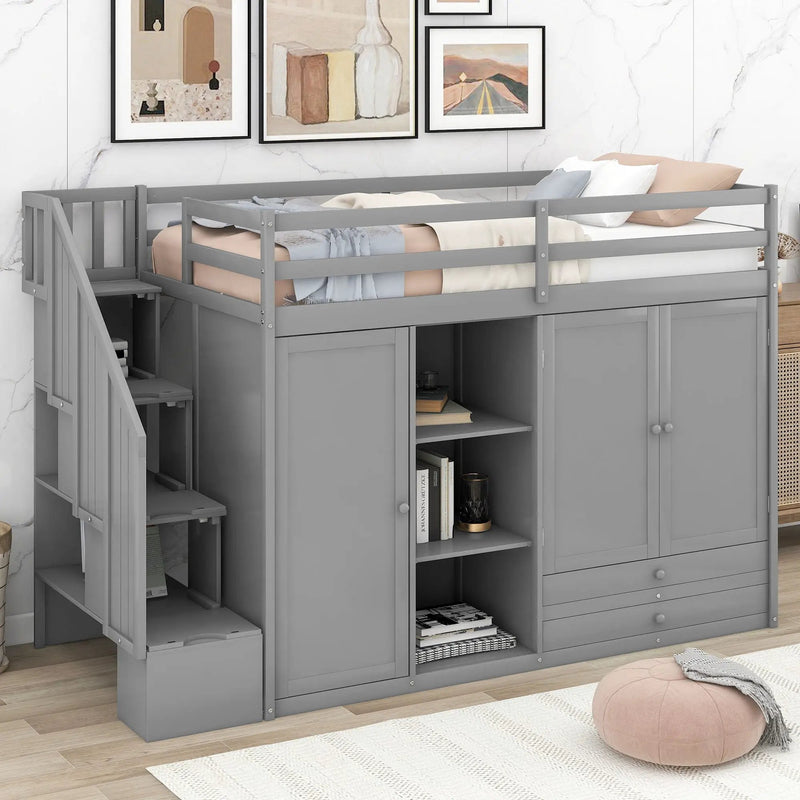 Loft Bed With 3 Shelves, 2 Wardrobes, 2 Drawers, Ladder Storage by Unique Piece Furniture