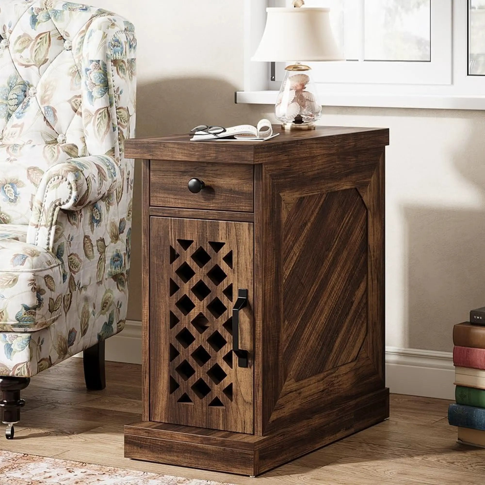 Narrow End Table With Drawer & Cabinet, Nightstand For Small Spaces - Brown by HouseOfZazla
