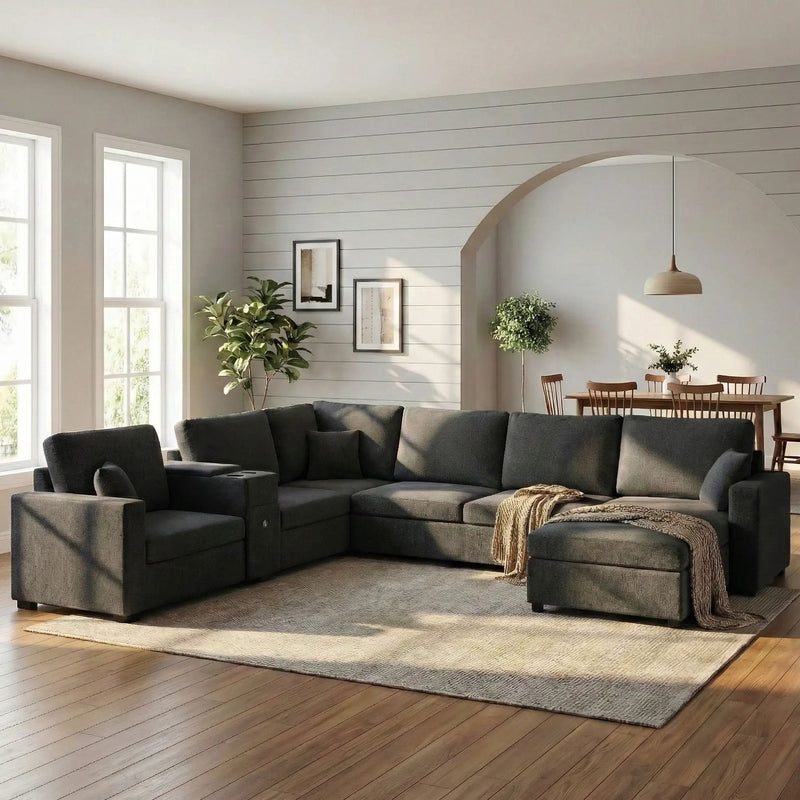 Modular 5 Seat U-Shape Sectional Sofa With Chaise Lounge, Built In Cup Holders And Storage Drawer by HouseOfZazla
