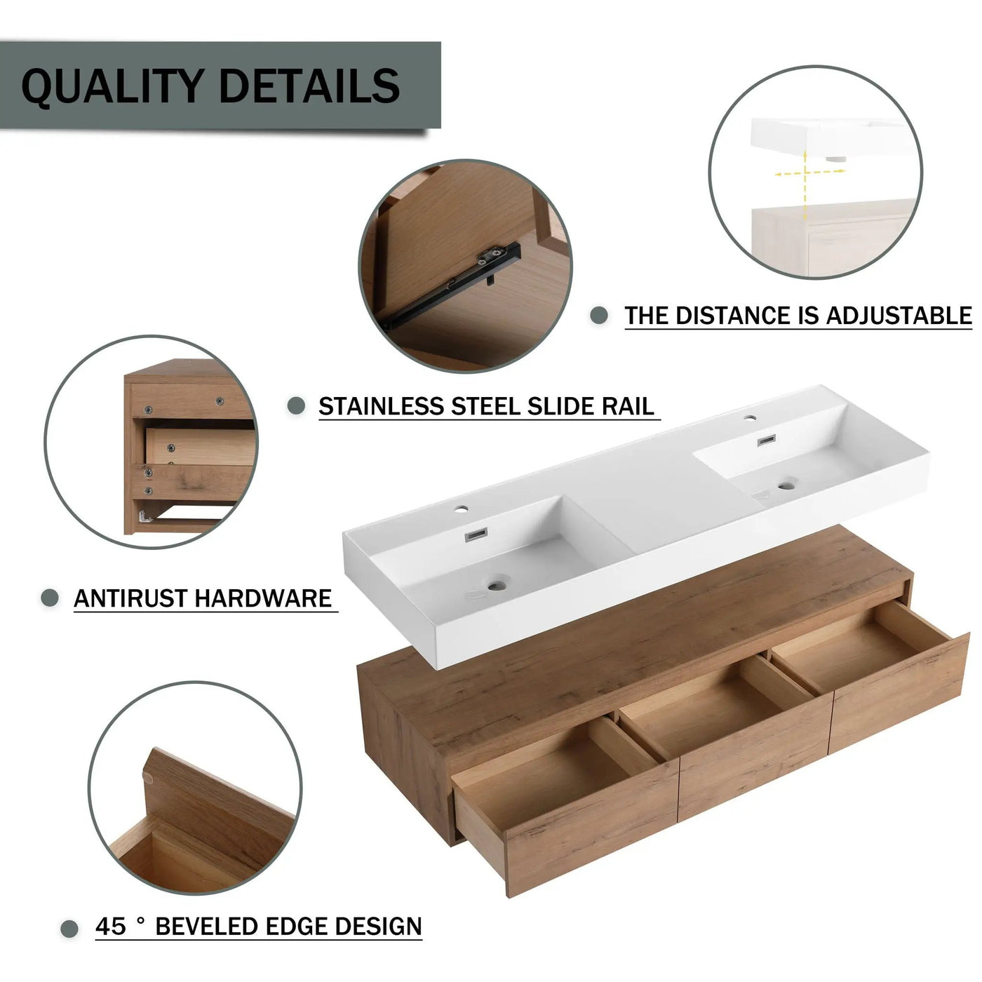 Contemporary Wall Mounted Bathroom Vanity With Dual Resin Sink And Soft Close Drawer by Unique Piece Furniture