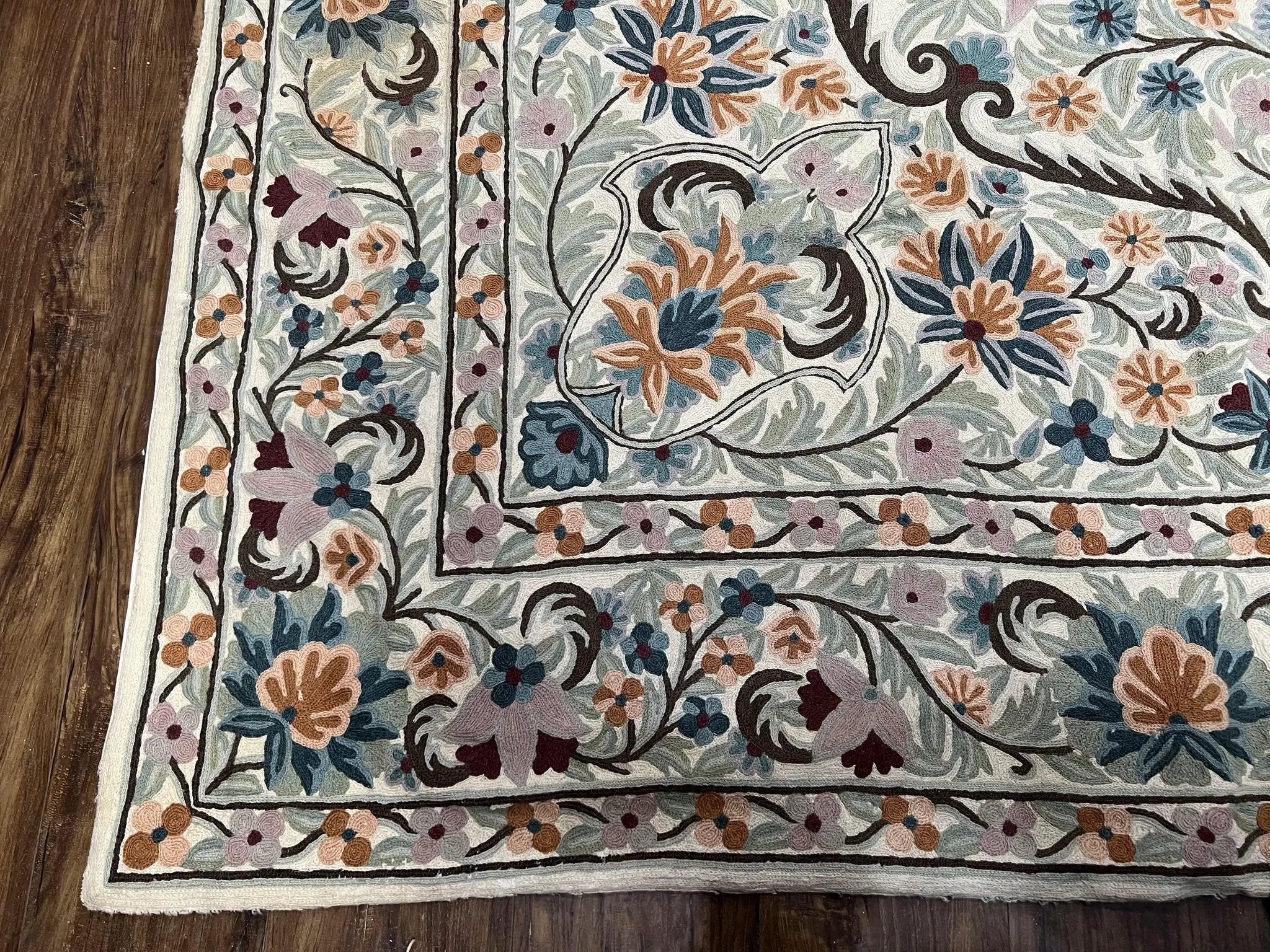 Chain Stitched Rug 9x12 Vintage Carpet 9 x 12 Flatweave Rug, Ivory Teal Rug, Area Rug 9 by 12, Hand Stitched Rug, Medallion, Indian Rug by Jewel Rugs