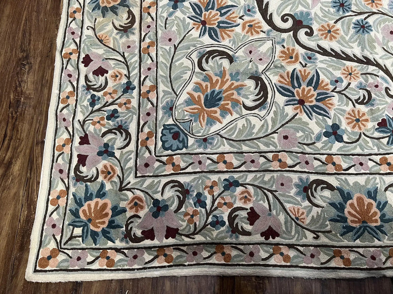 Chain Stitched Rug 9x12 Vintage Carpet 9 x 12 Flatweave Rug, Ivory Teal Rug, Area Rug 9 by 12, Hand Stitched Rug, Medallion, Indian Rug by Jewel Rugs