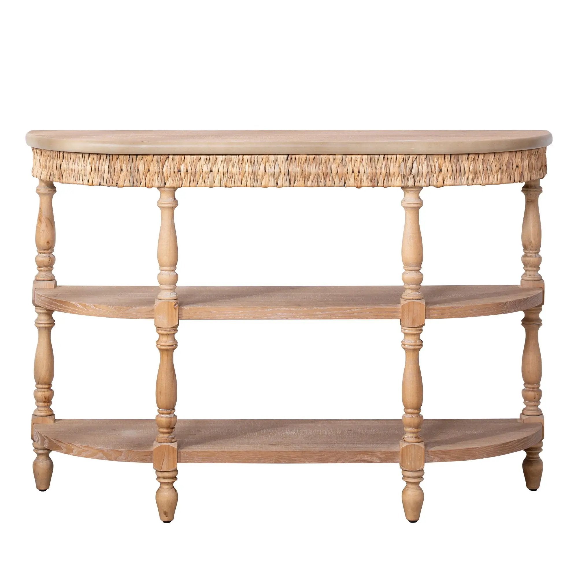 Handcrafted Console Table With Hand Woven Trim, 3 Tier Storage Shelves - Natural