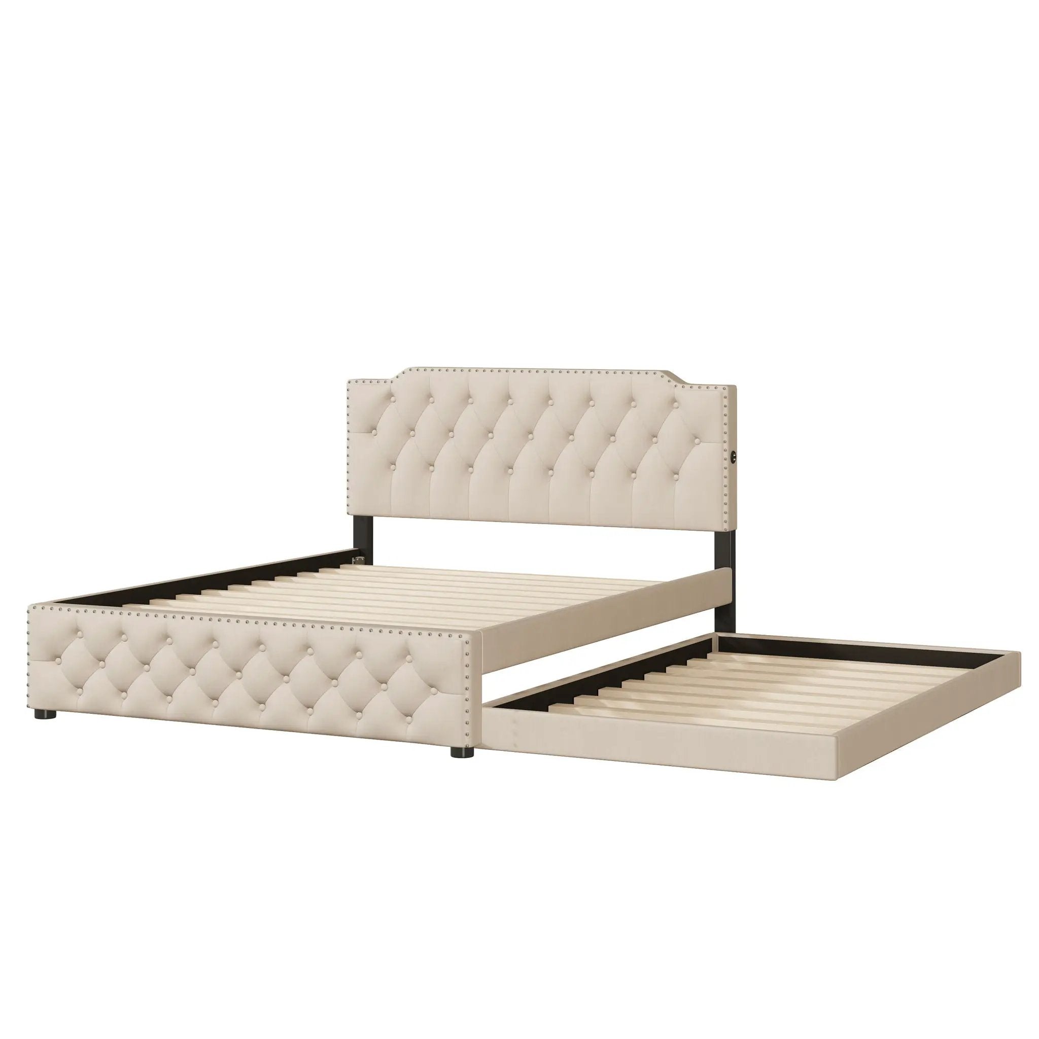 Upholstered Platform Bed With Trundle And 2 Sets Of USB Ports On Each Side, Fabric by HouseOfZazla