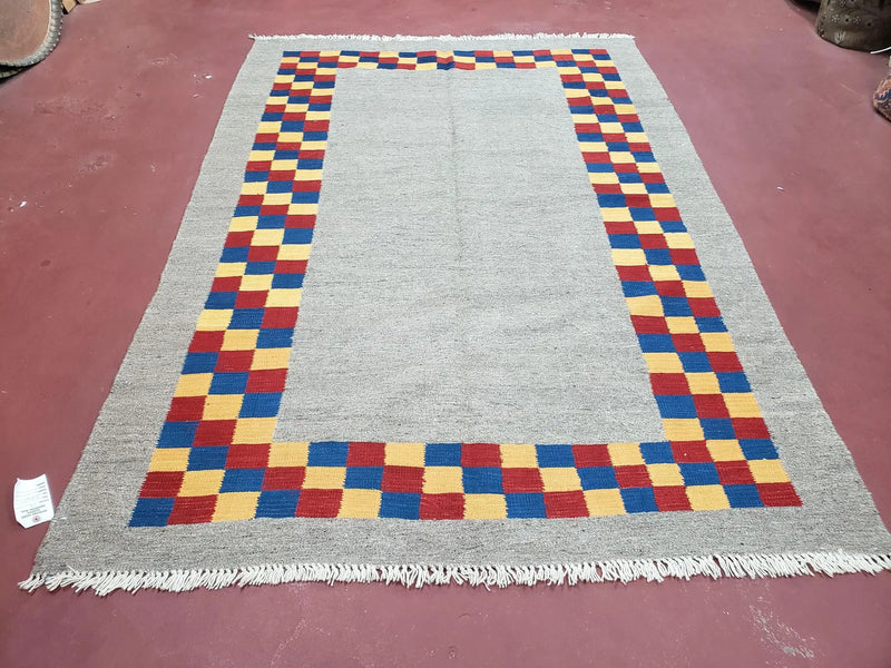 New Turkish Kilim Area Rug, Gray Carpet With Colorful Checker Border, 5'6" x 8", Flatweave Carpet, Playroom Rug, Kids Room Rug, Hand-Knotted by Jewel Rugs
