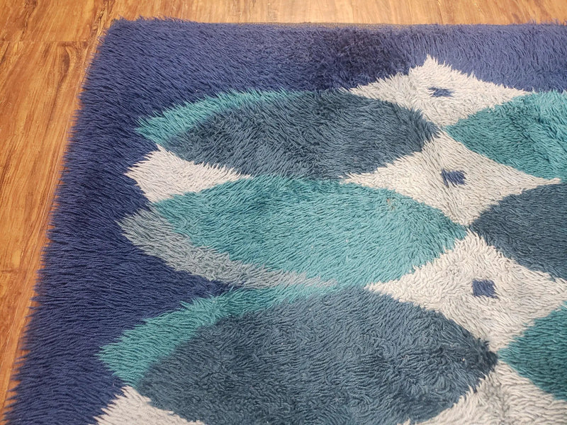 Blue Rya Rug, 1960s Mid-Century Modern Danish Shag Rug 4'6" x 6'7", Ege Rya, Abstract by Jewel Rugs